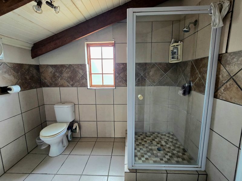 A functional bathroom featuring a shower enclosure, toilet, tiled finishes, and exposed timber ceiling beams under a pitched roof.