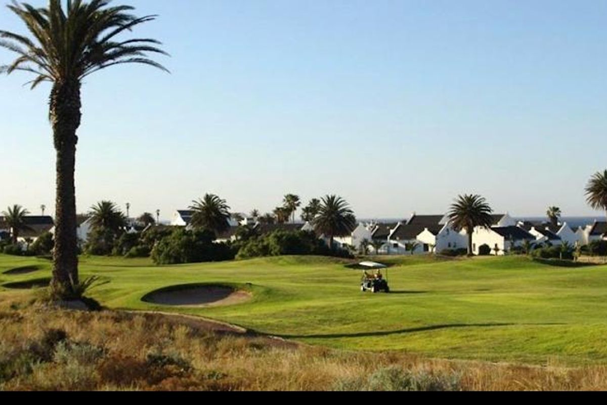 A scenic view overlooking a well-maintained golf course with mature palm trees and residential properties in the background.