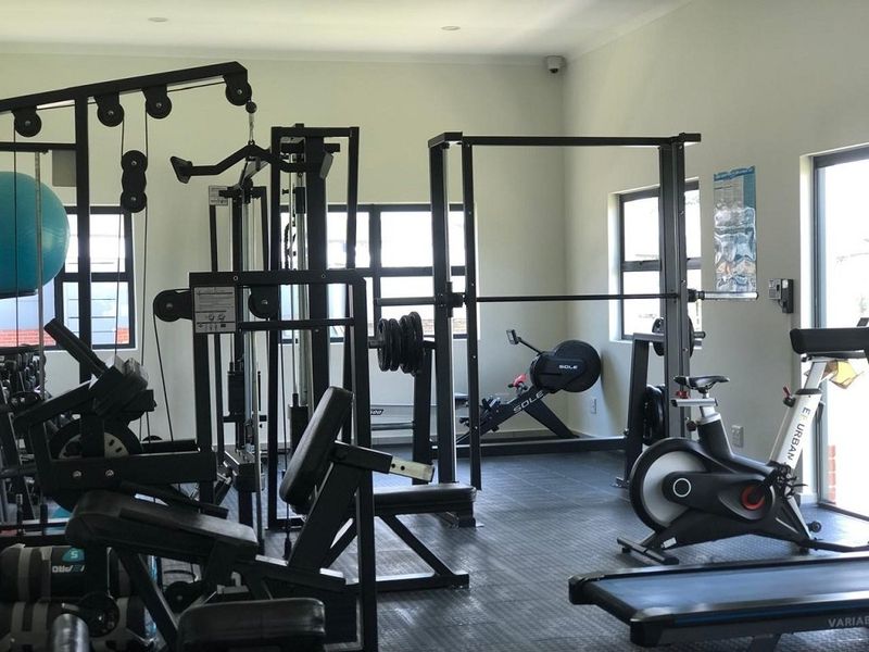 A well-equipped residential gym featuring durable rubber flooring, recessed lighting, and large windows providing natural light.