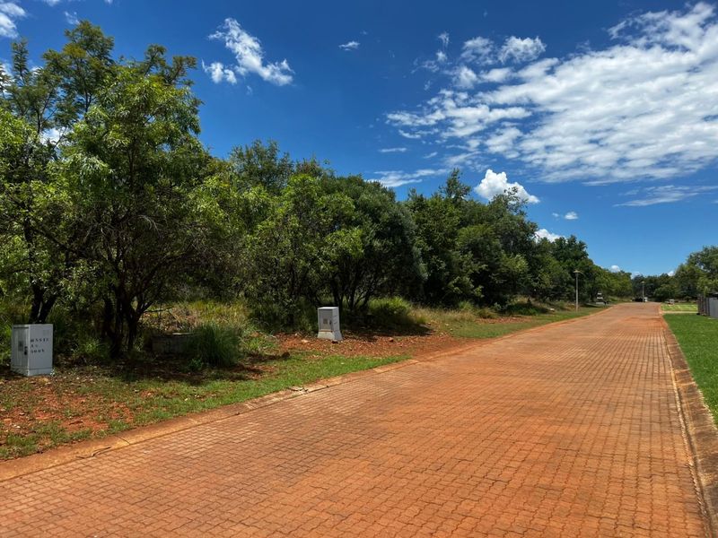 A view of a paved residential street with mature trees and utility infrastructure, showcasing the access and surroundings of the vacant land.