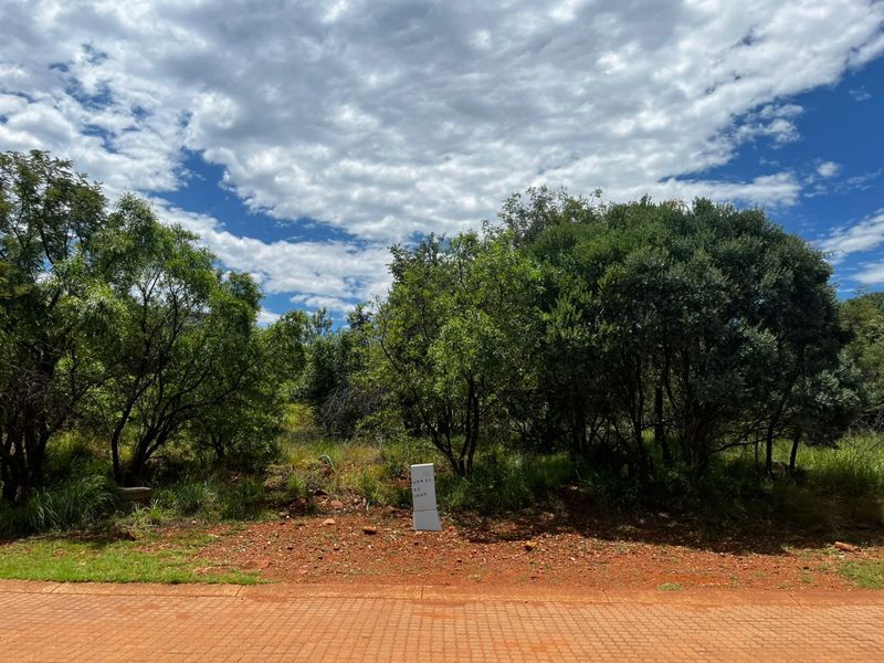 A view of a vacant residential plot featuring mature trees and a survey marker, accessible from a paved road.