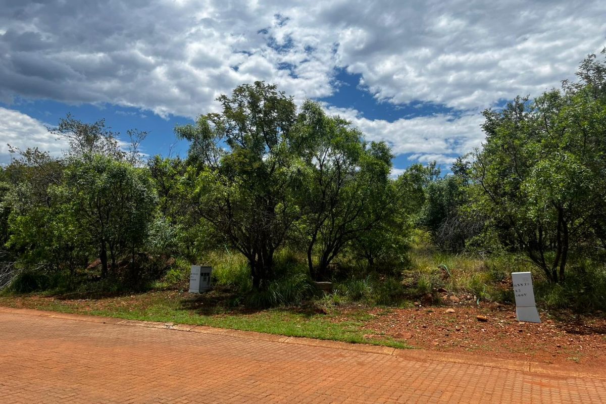 A view of a vacant residential plot from the paved street, featuring established trees and visible utility connection points.