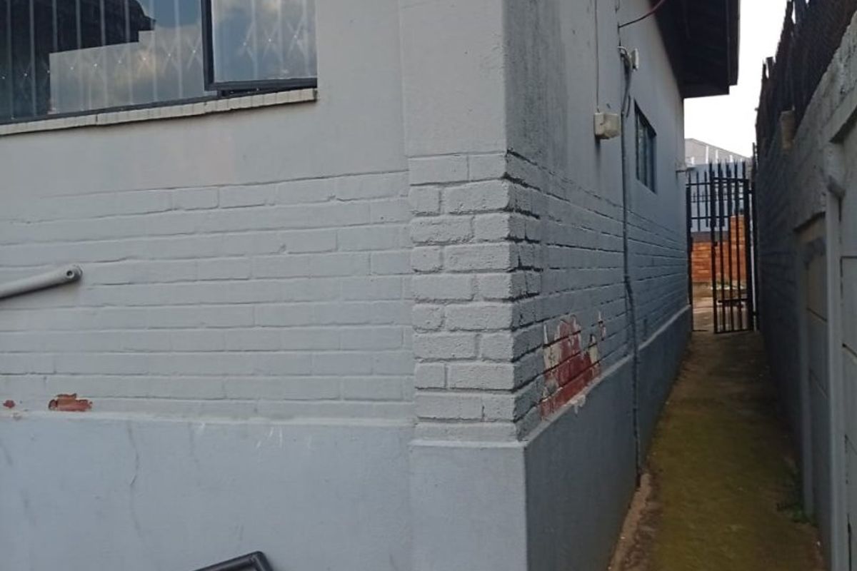 Side exterior view of the property showing a narrow concrete pathway, security gate, and areas of peeling paint on the exterior brick walls.