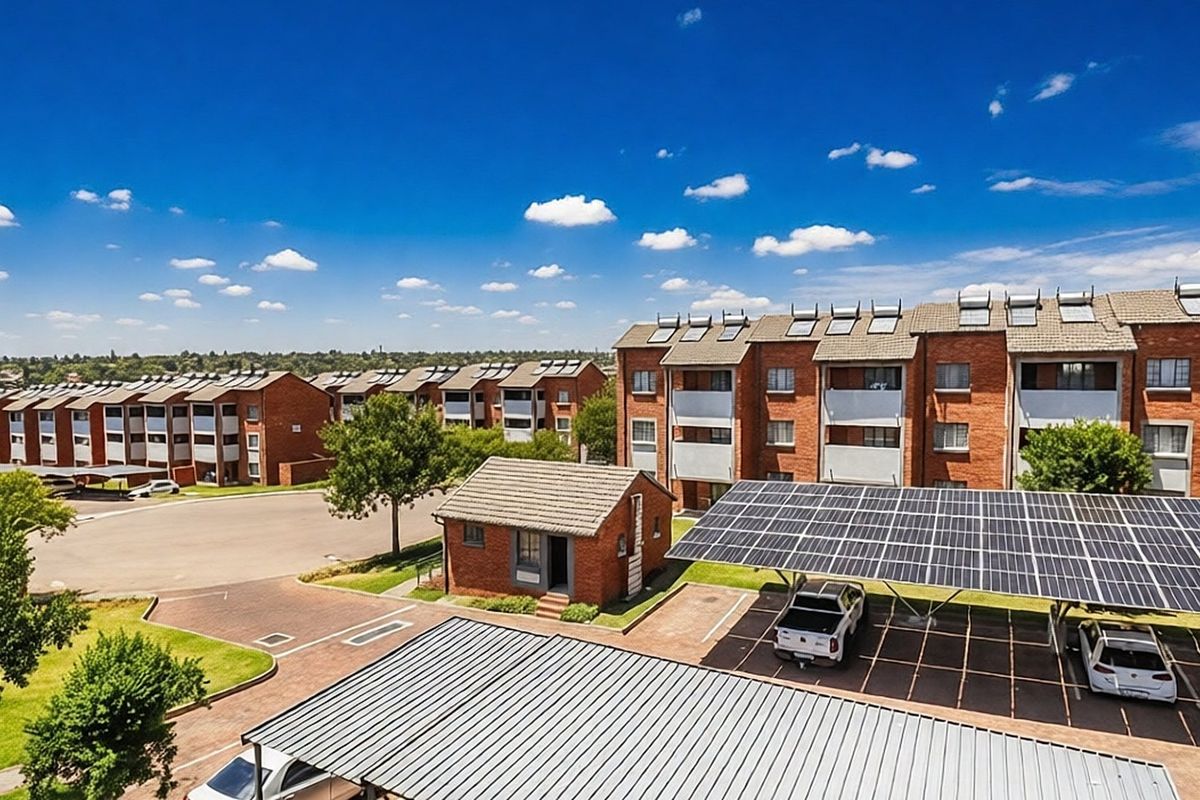 Aerial view of an apartment complex featuring brick buildings, paved parking areas with solar panel carports, and landscaped grounds.