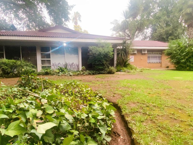 Rear view of a single-story brick residence featuring a tiled roof, security bars on windows, and an expansive garden area.