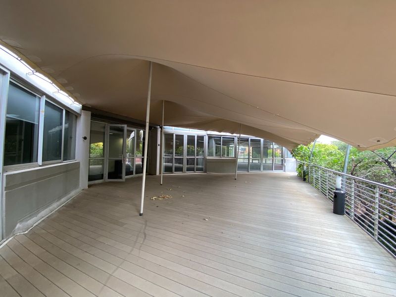 Spacious covered outdoor patio featuring composite decking, a large tensioned fabric canopy, and extensive glass sliding door access to the commercial interior space.