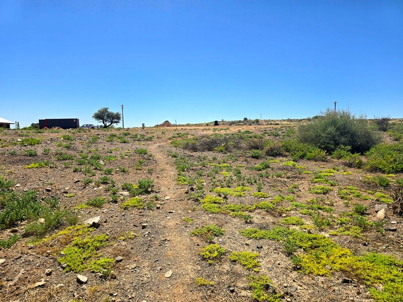 A view of a vacant residential plot featuring natural vegetation, rocky terrain, and clear blue skies.