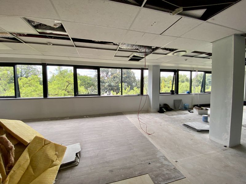 Open plan office space under renovation featuring large windows, structural columns, and a suspended ceiling requiring repair.