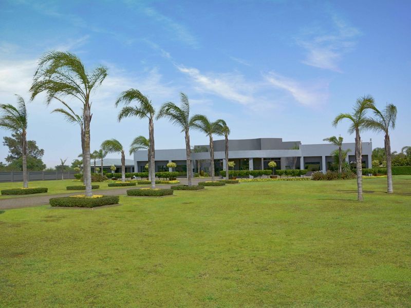 A wide-angle view of the property's front exterior, featuring a large manicured lawn, mature palm trees, and a paved driveway leading to the main building.
