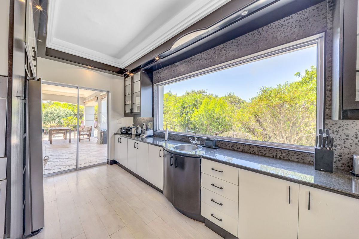 Modern kitchen featuring sleek cabinetry, granite countertops, an undermount sink, and large windows overlooking the garden with direct access to the patio.
