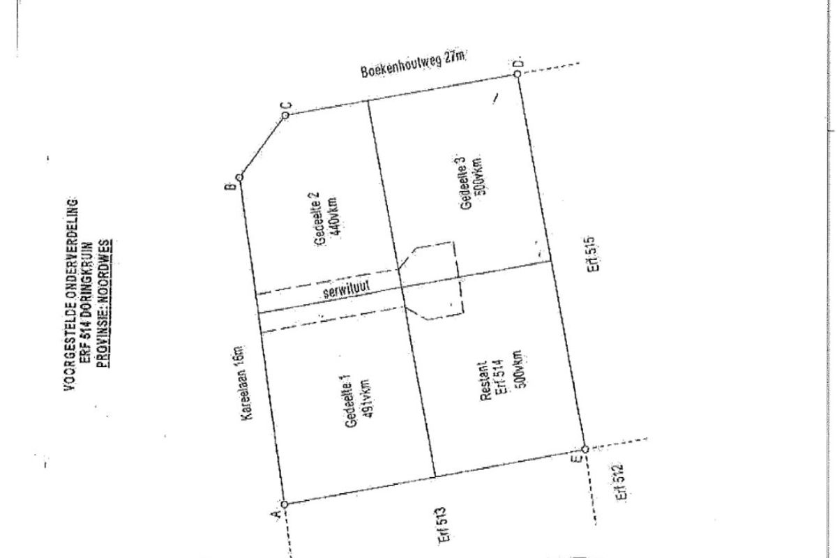 A proposed subdivision plan for Erf 514 Doringkrun, showing the layout and dimensions of the individual plots.