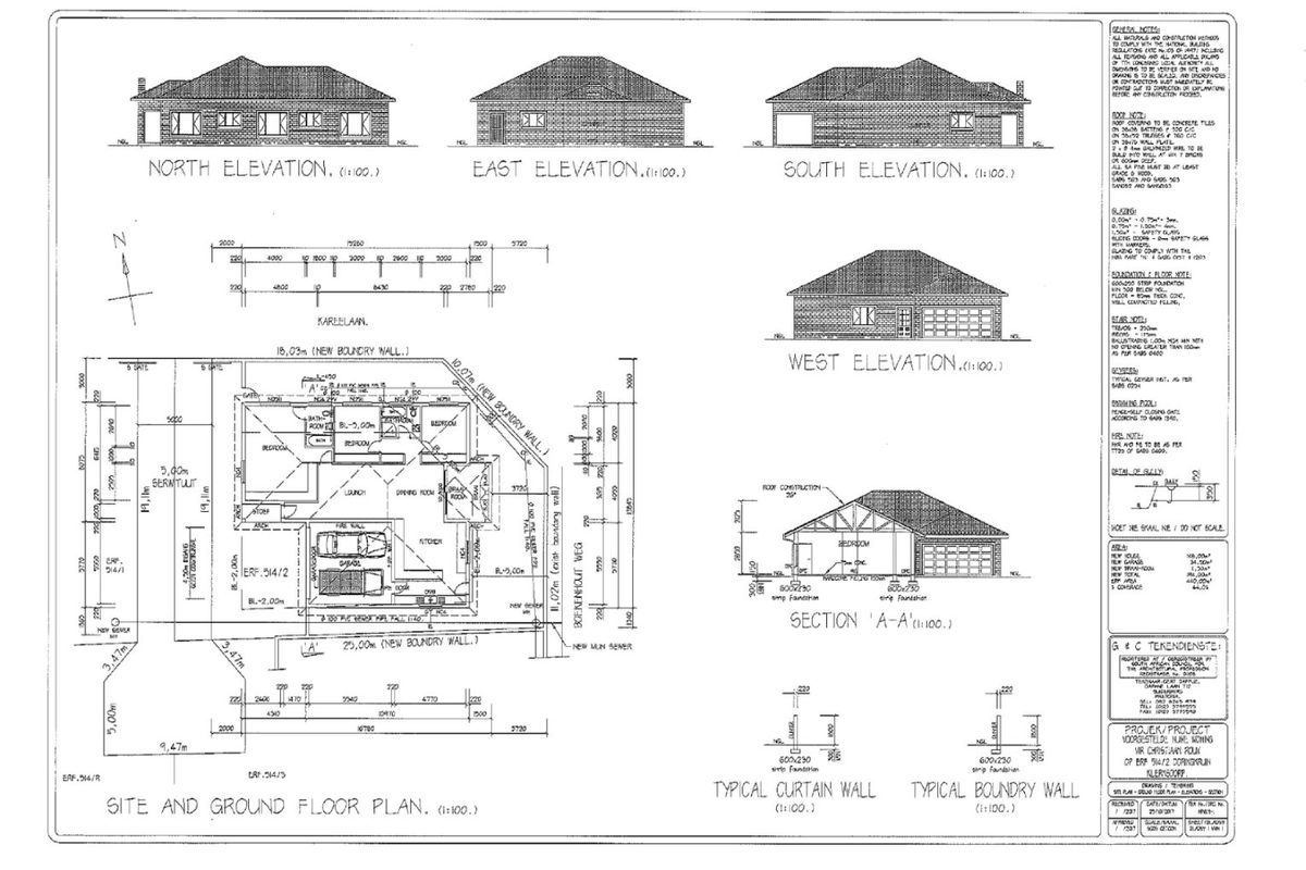 Architectural floor plan and elevation drawings for a proposed residential dwelling, including site layout and construction specifications.