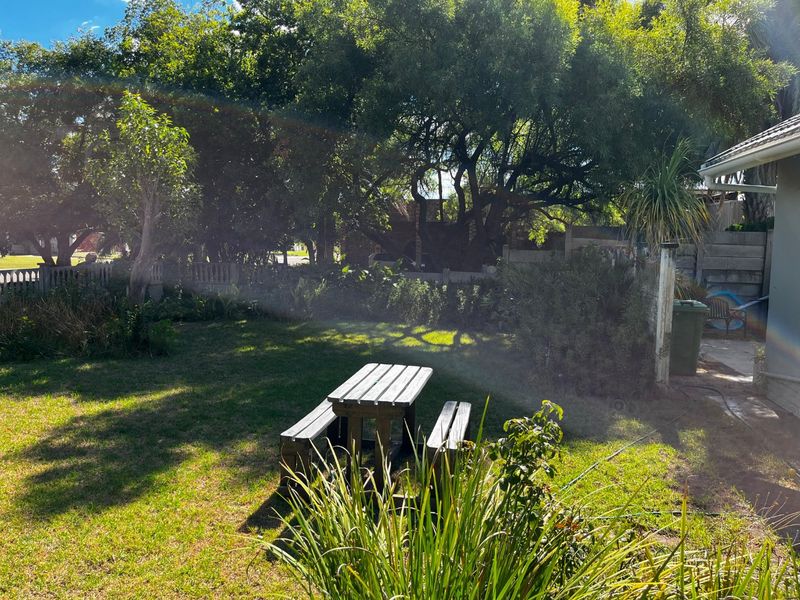A private residential garden featuring a lawn area, mature trees, and a concrete boundary wall.