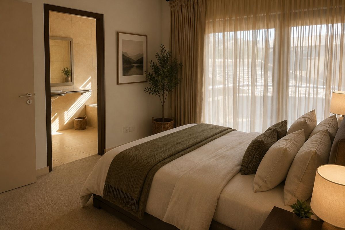 A well-lit bedroom featuring neutral tones, carpeted flooring, and direct access to an en-suite bathroom through a doorway.