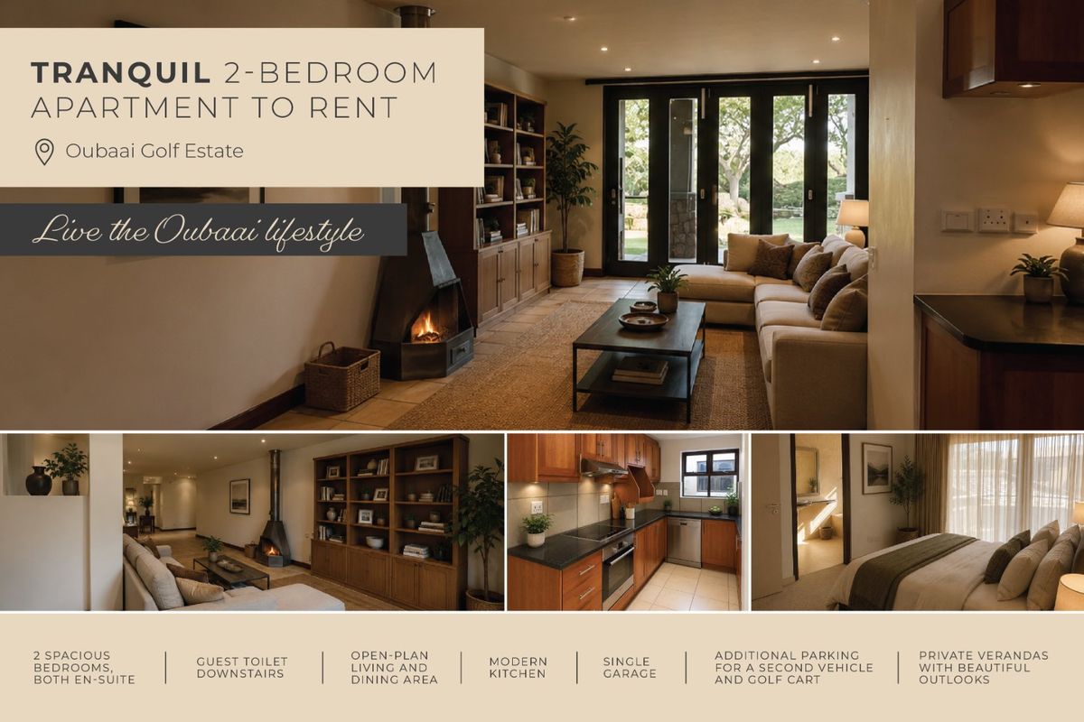 A collage showcasing the interior of a two-bedroom apartment, featuring an open-plan living area with a fireplace, a modern kitchen, and en-suite bedrooms.