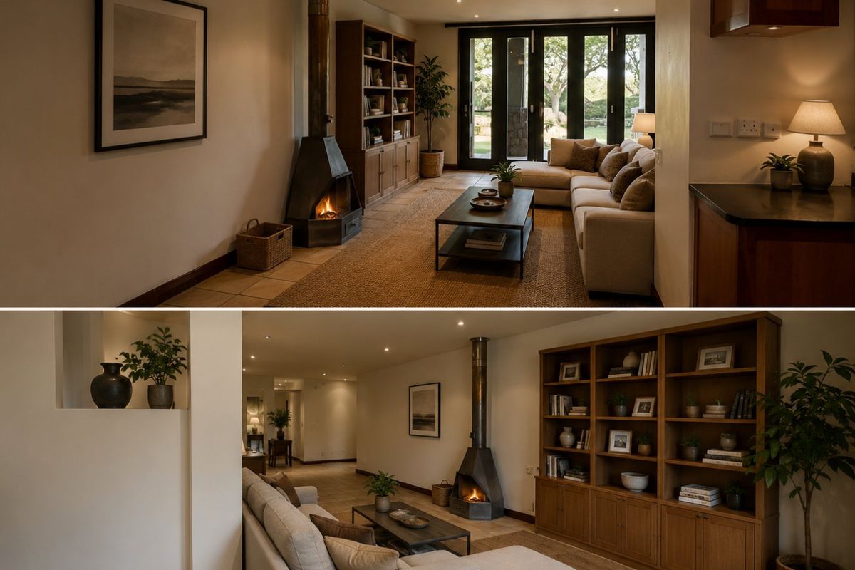 A cozy living room featuring a modern freestanding fireplace, custom built-in cabinetry, and bi-fold doors that open to an outdoor area.
