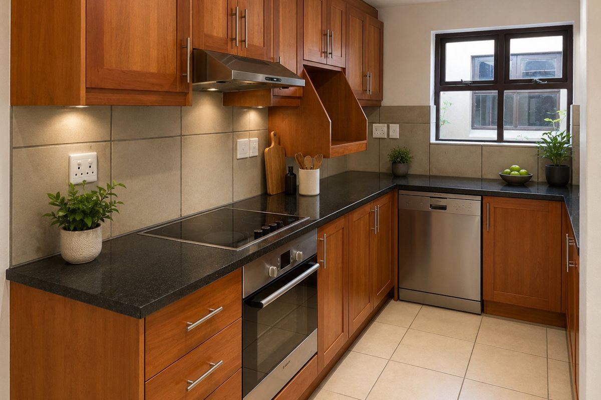 A well-maintained kitchen featuring warm wooden cabinetry, granite countertops, a built-in oven with hob, and a stainless steel dishwasher.