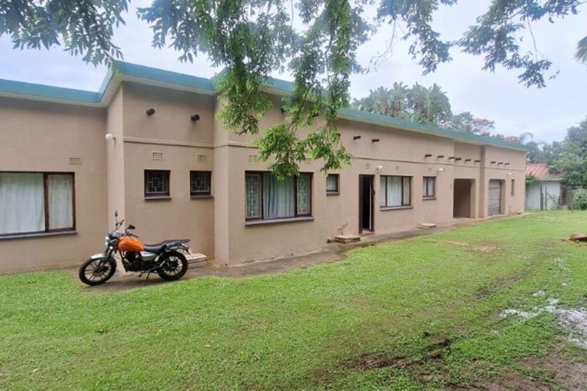Rear view of a single-story residential property featuring a large lawn area, metal window frames, and a concrete pathway along the building facade.