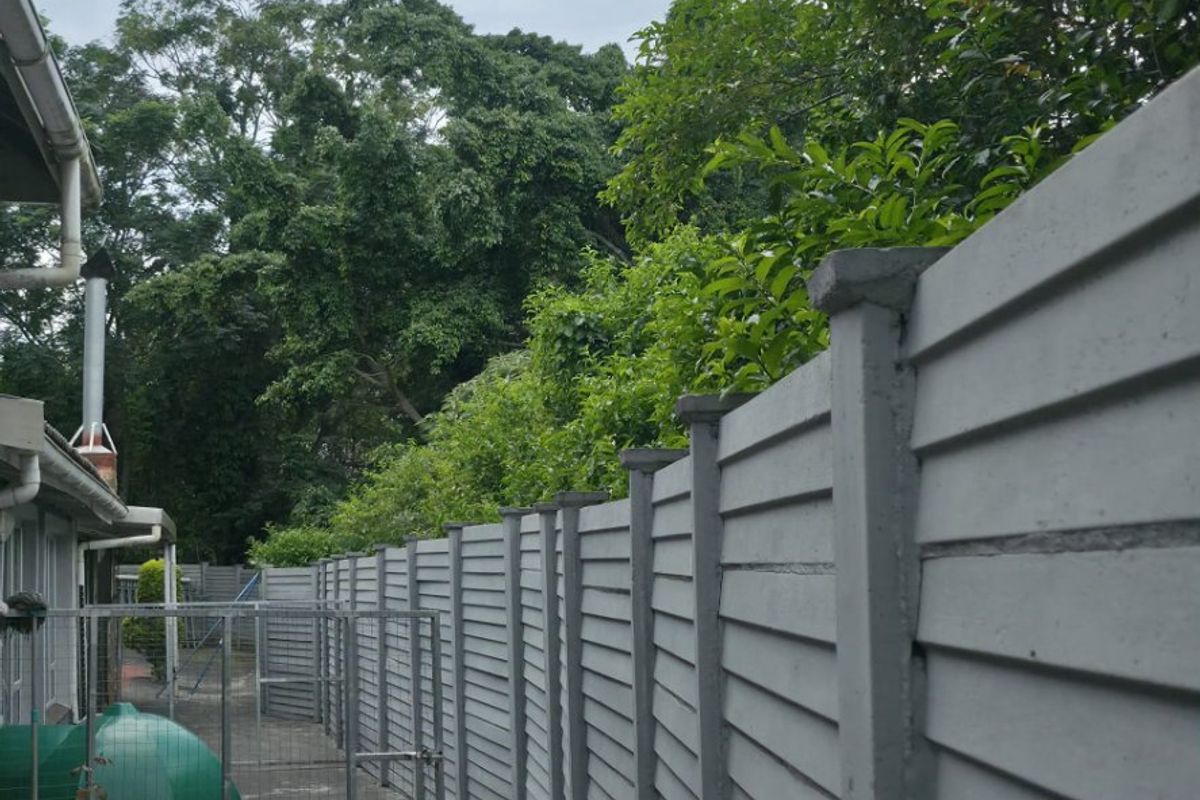 A side exterior pathway featuring a tall concrete boundary wall, concrete paving, and a metal security gate leading to the rear garden area.