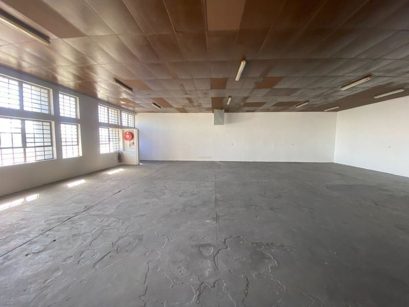 Spacious industrial utility area featuring concrete flooring, large steel-framed windows for natural light, and a functional tiled ceiling with overhead lighting.