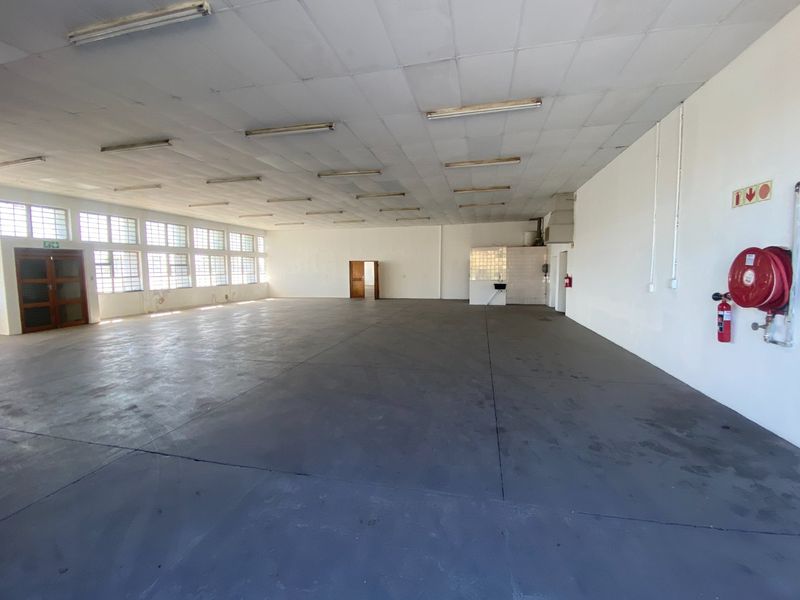 Spacious industrial utility area featuring concrete flooring, suspended ceiling with fluorescent lighting, and integrated fire safety equipment.