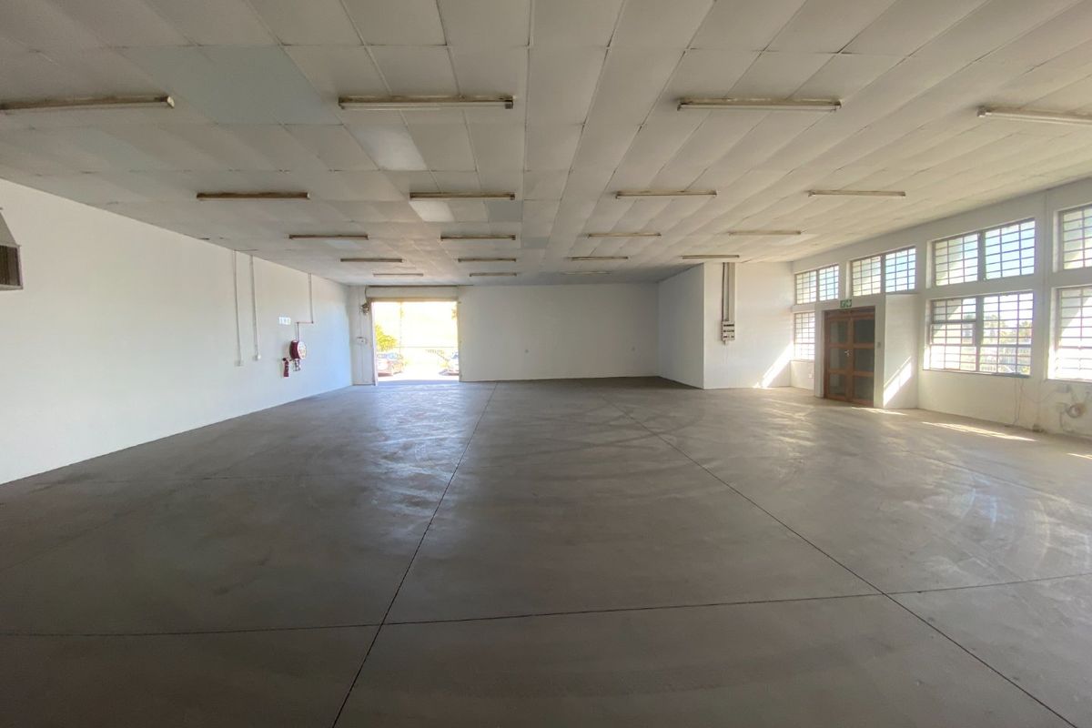 Spacious industrial warehouse unit featuring concrete flooring, suspended ceiling with fluorescent lighting, and large windows providing natural light.