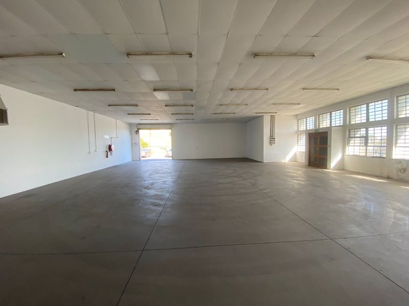 Spacious industrial warehouse unit featuring concrete flooring, suspended ceiling with fluorescent lighting, and large windows providing natural light.