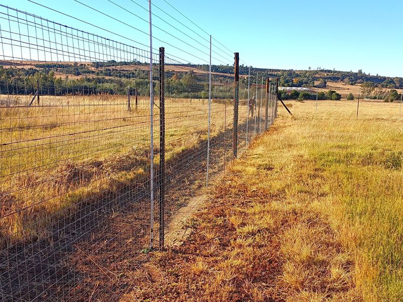 A view of the farm property boundary featuring wire mesh fencing and metal posts across the open field.