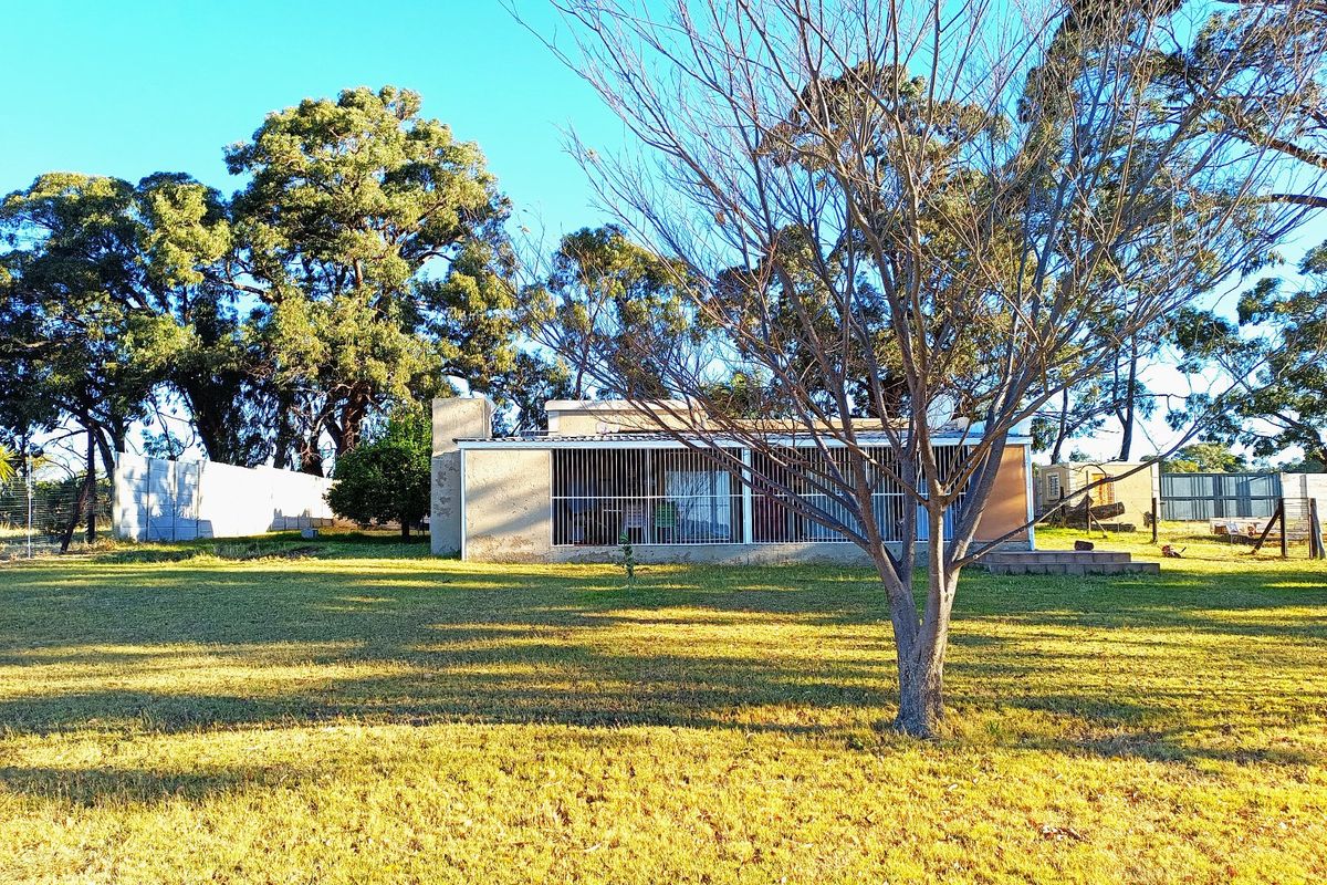 Rear view of the farm dwelling featuring a concrete patio, security bars on windows, and a masonry chimney set within a large garden.