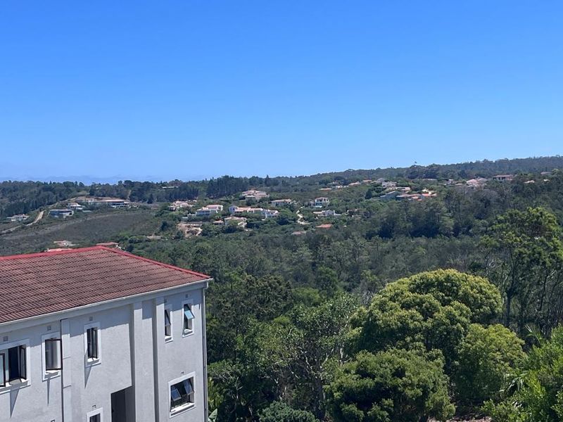 An elevated view overlooking a lush green landscape and surrounding residential properties, featuring a clear blue sky.