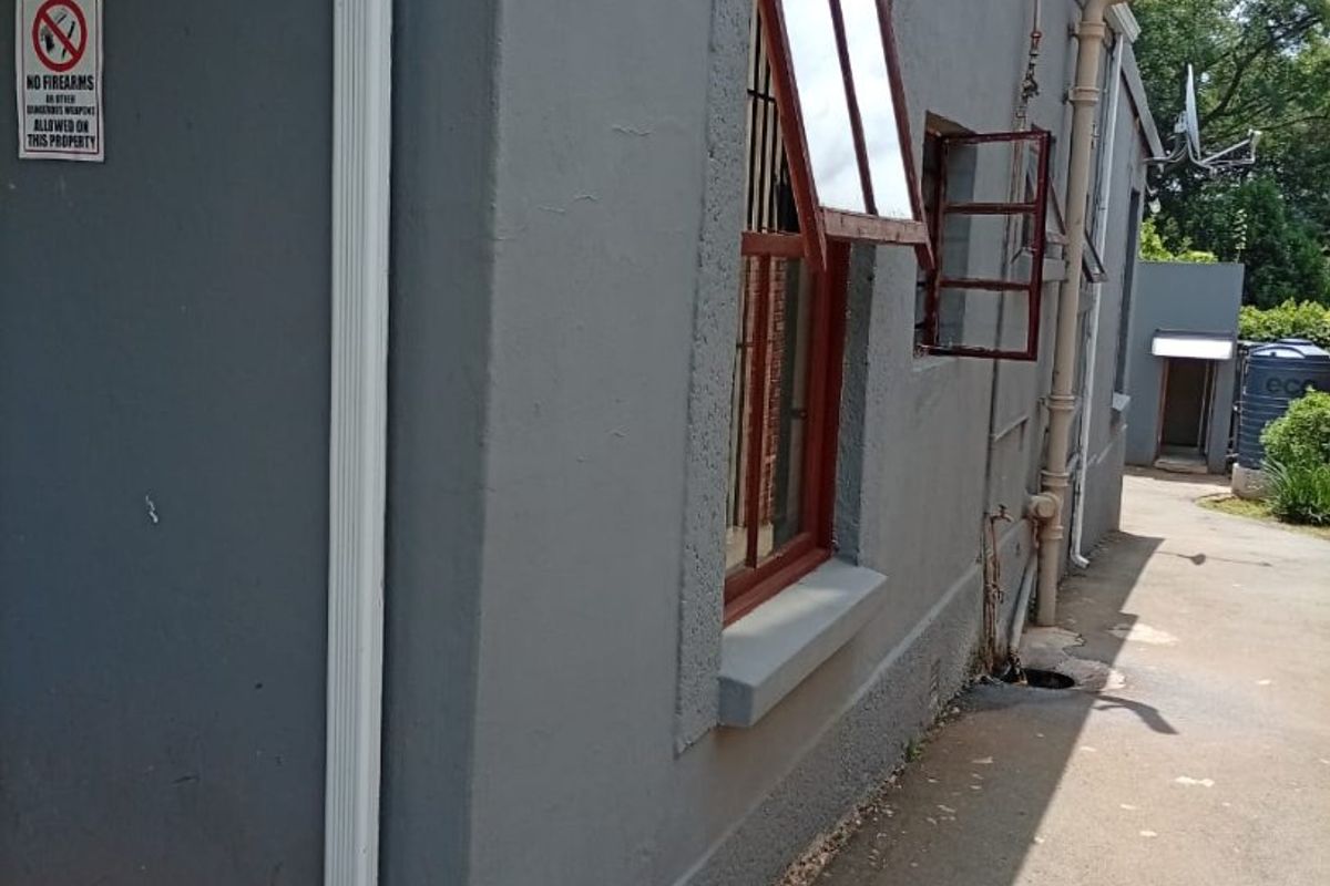 Side view of the property showing grey exterior walls, downpipes, and window fixtures with a concrete pathway leading to the rear area.
