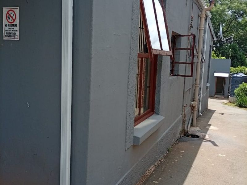 Side view of the property showing grey exterior walls, downpipes, and window fixtures with a concrete pathway leading to the rear area.