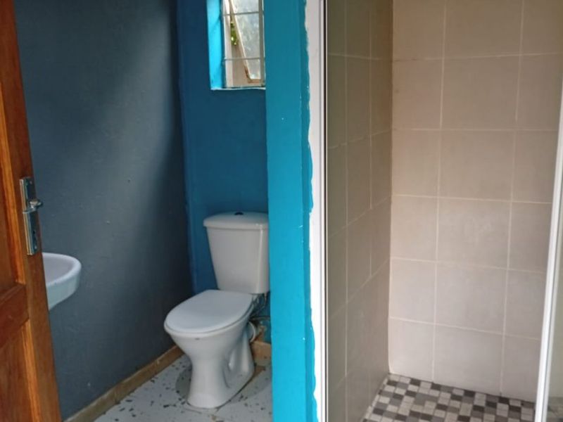 A functional bathroom featuring a shower enclosure, toilet, and wall-mounted basin, requiring cosmetic updates to finishes and paintwork.