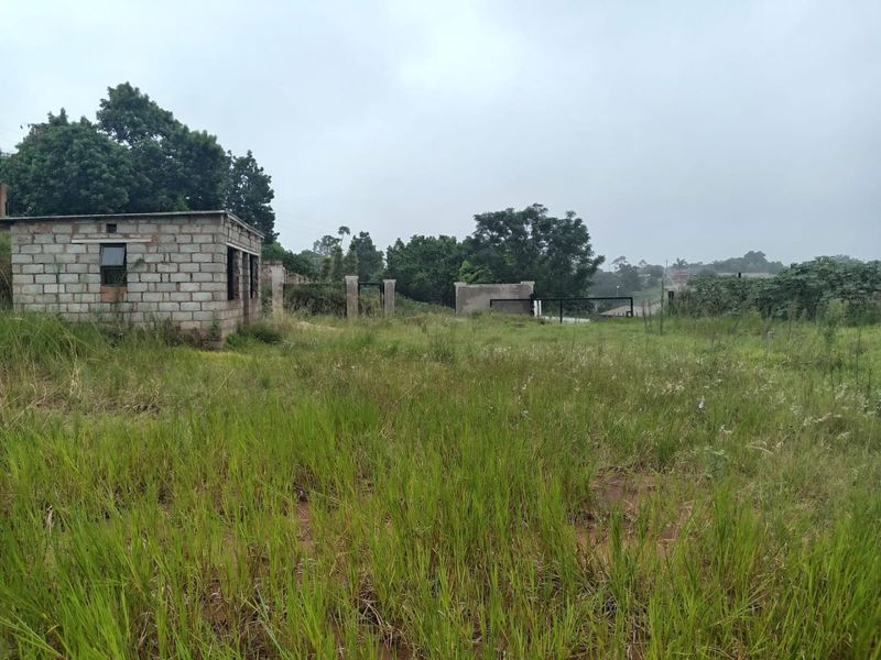 A vacant residential plot featuring an unfinished concrete block structure, perimeter walling, and a metal gate, surrounded by overgrown grass and mature trees.