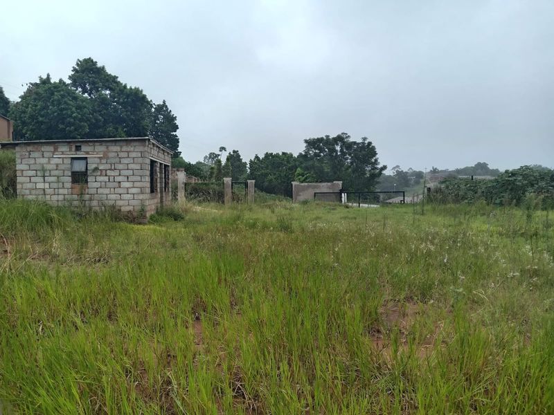 A vacant residential plot featuring an unfinished concrete block structure and perimeter walling, surrounded by overgrown grass and mature trees.