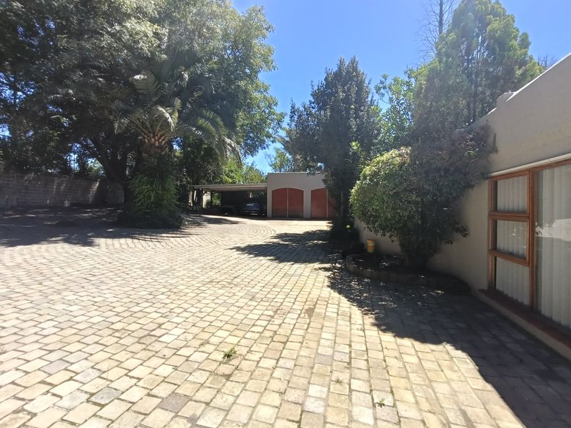 Spacious paved driveway leading to a double garage and carport, surrounded by mature trees and established garden borders.