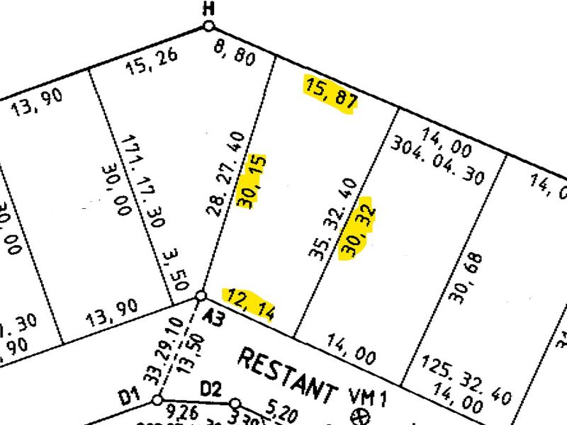 A detailed cadastral survey map showing land parcel boundaries, dimensions, and reference points for the residential property.