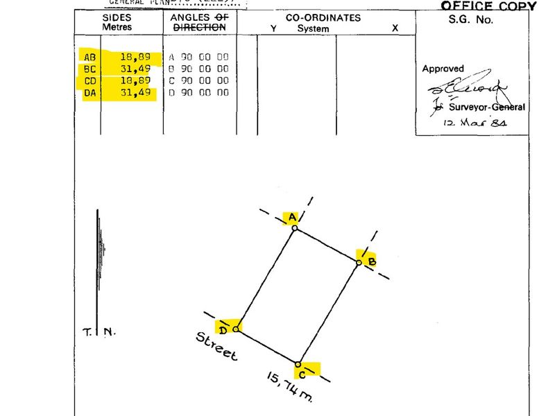 A surveyor's general plan document detailing the dimensions and boundary coordinates of the residential land plot.
