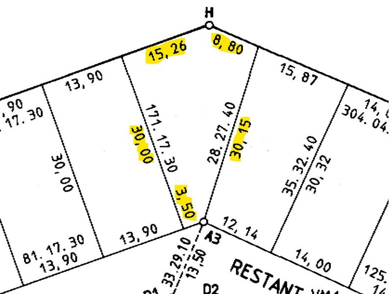 A detailed cadastral survey map showing property boundary dimensions and land parcel layout.
