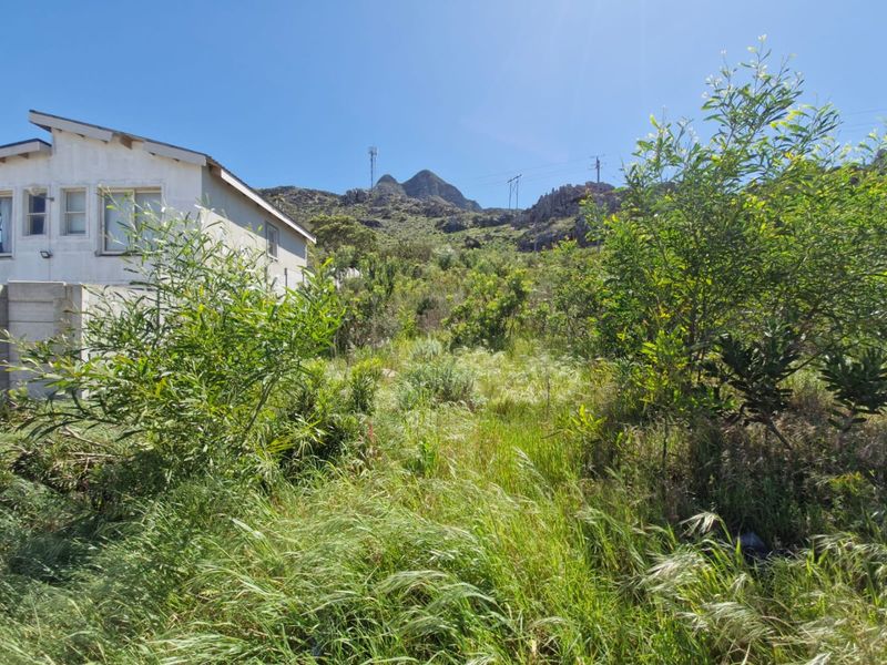 A view of a vacant residential plot featuring natural vegetation and an adjacent building, set against a mountainous backdrop.