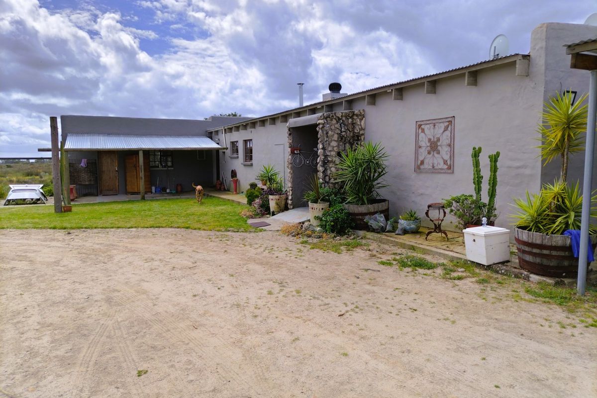 Rear view of a farm-style dwelling featuring plastered walls, a stone-clad entrance, and a covered patio area overlooking the garden.