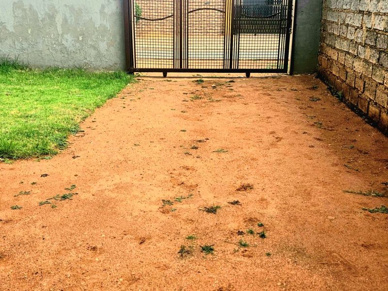 A rear outdoor area featuring a metal sliding gate, boundary walls, and an unpaved ground surface with a small patch of lawn.