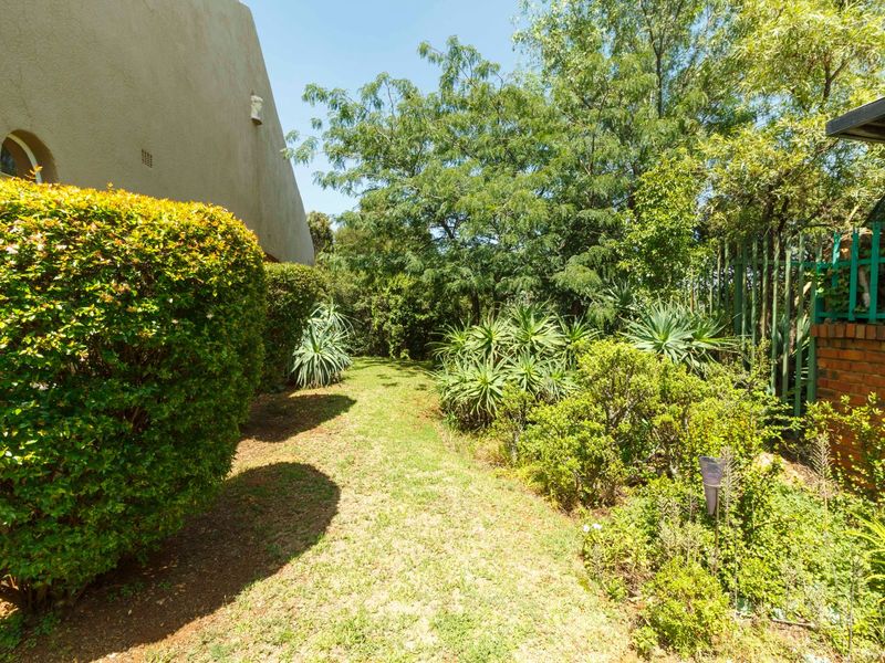 A private garden area featuring established greenery, mature trees, and a brick boundary wall with integrated security fencing.