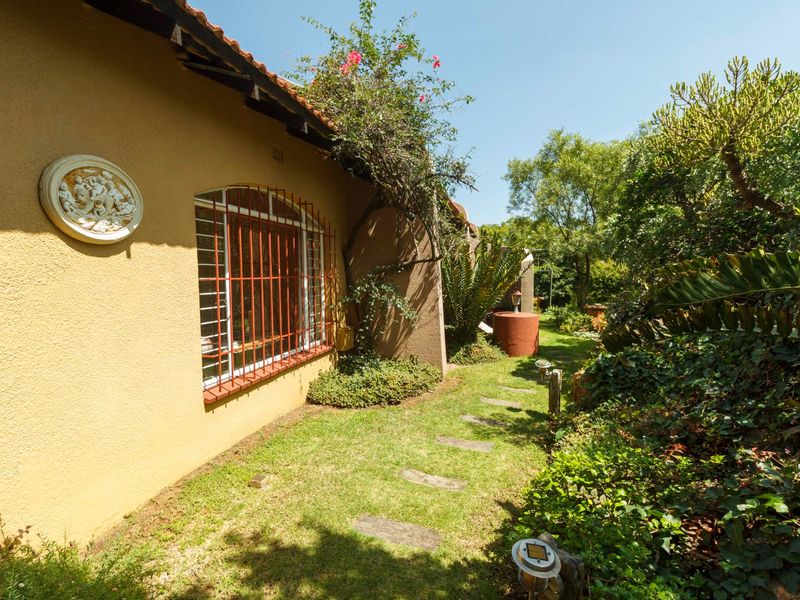 A well-maintained rear garden area featuring a stone pathway, established greenery, and a building facade with security bars on the windows.