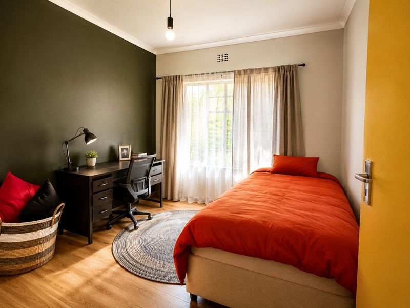 A well-lit bedroom featuring laminate flooring, neutral wall tones with a dark accent wall, and a ventilation grille, offering a comfortable and functional living space.
