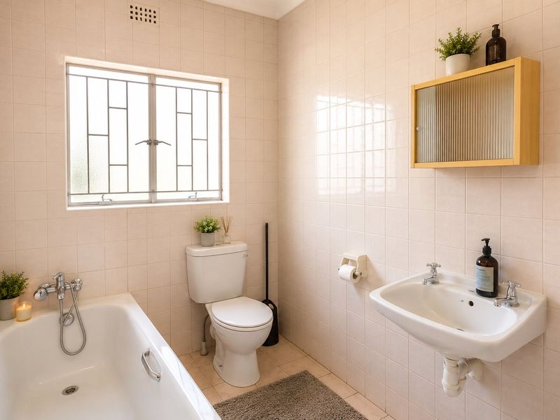 A functional bathroom featuring a bathtub, wall-mounted basin, and toilet, finished with neutral wall tiles and security bars on the window.