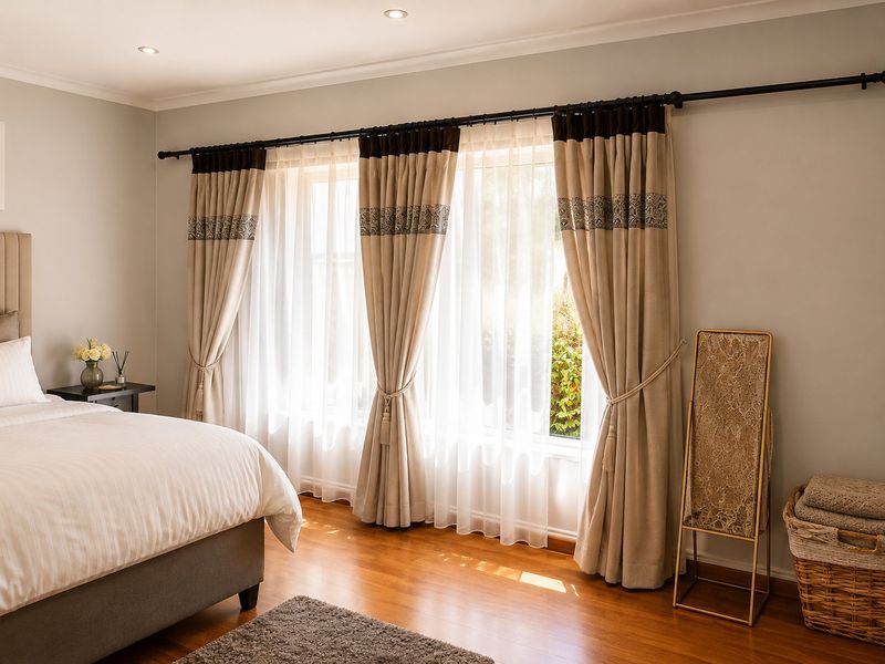 A well-maintained bedroom featuring warm hardwood flooring, recessed downlighting, and elegant floor-to-ceiling window treatments.