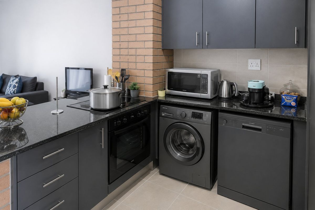 Modern kitchen featuring dark grey cabinetry, granite countertops, integrated appliances including a washing machine and dishwasher, and a distinctive exposed brick feature pillar.