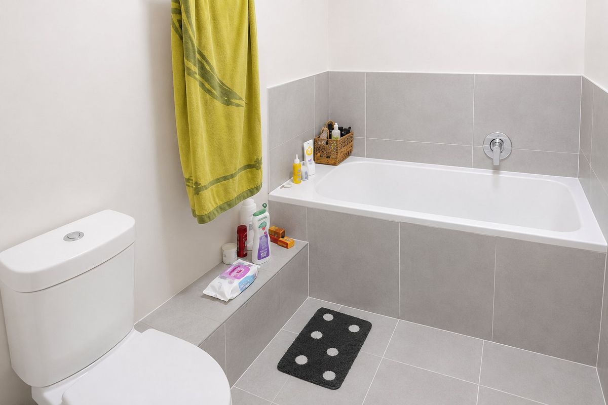 A clean, modern bathroom featuring a built-in bathtub with grey ceramic tiling and a standard toilet.