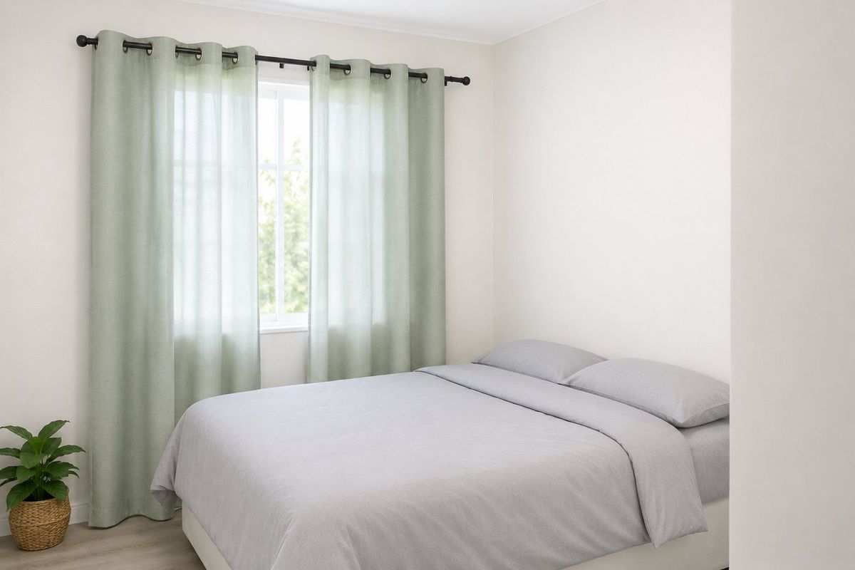 A bright and neutral bedroom featuring a window with a curtain rod and light-filtering curtains.